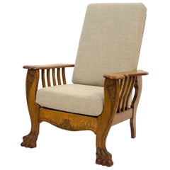 High Back Used Oak Morris Reclining Chair, Claw Feet