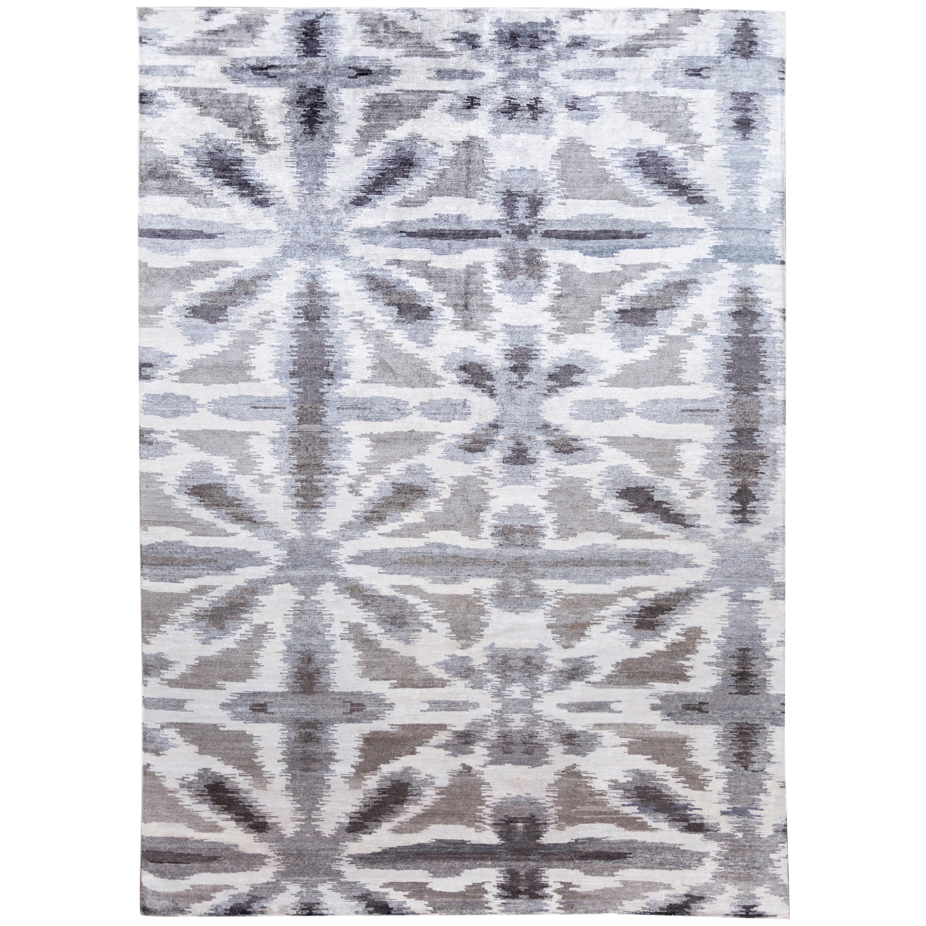 Contemporary Abstract Grey and White Silk Rug