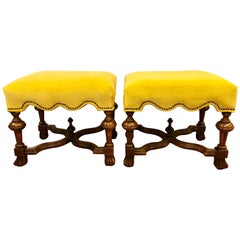 Pair of Henredon Walnut Golden Yellow Upholstered Nailhead Stools or Ottomans