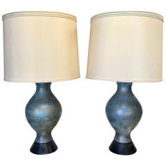 Mid-Century Modern Blue and Gold Flecked Ceramic Table Lamps