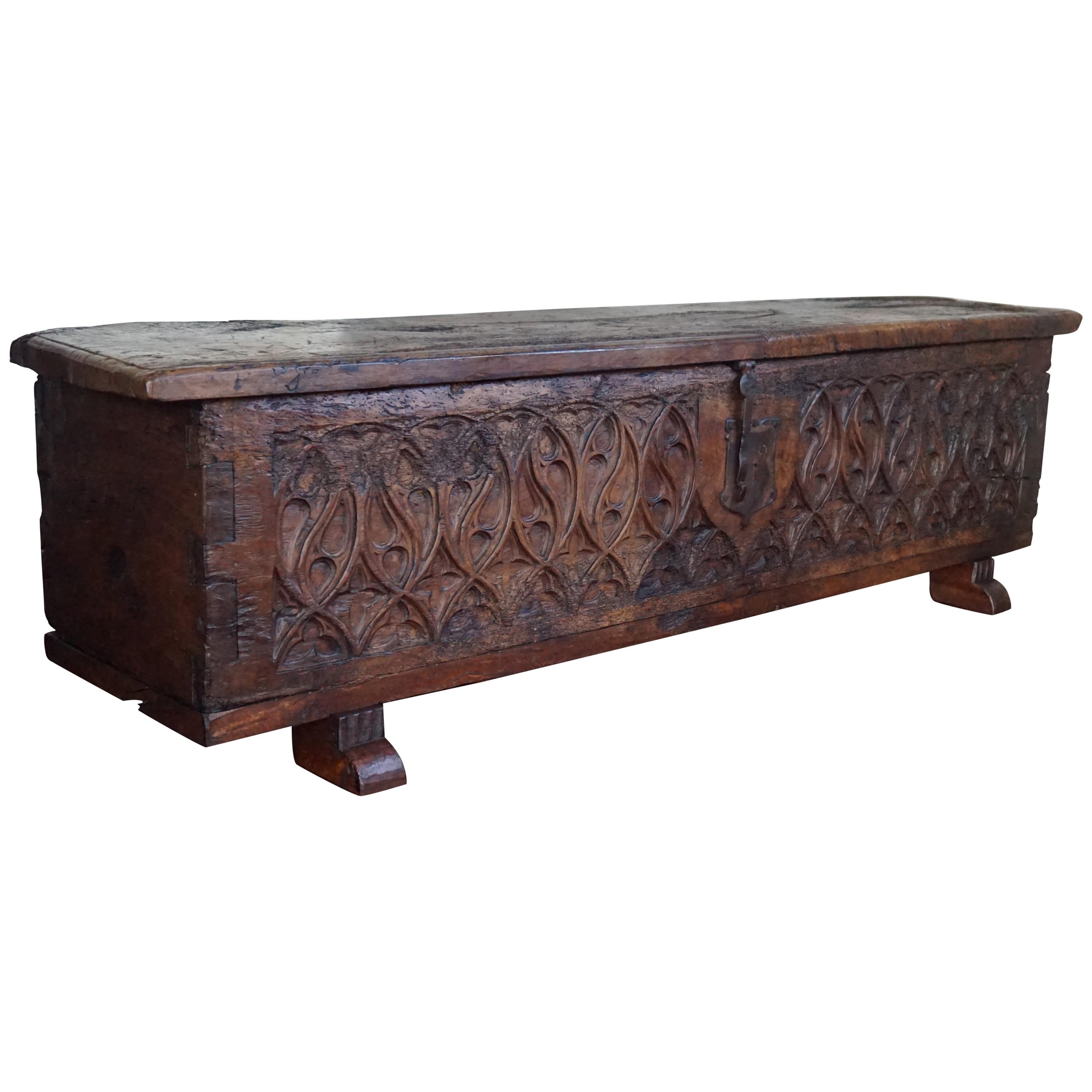 Unique 16th Century, Hand Carved French Gothic Revival Nutwood Blanket Chest