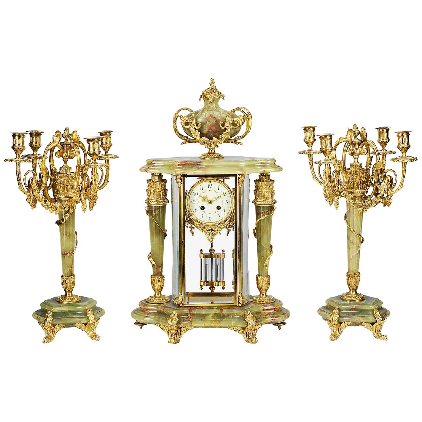 Louis XVI Style Onyx and Ormolu Clock Set, 19th Century