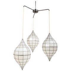 Retro Large Mid-Century Three-Arm Tiered Capiz Shell Teardrop Chandelier