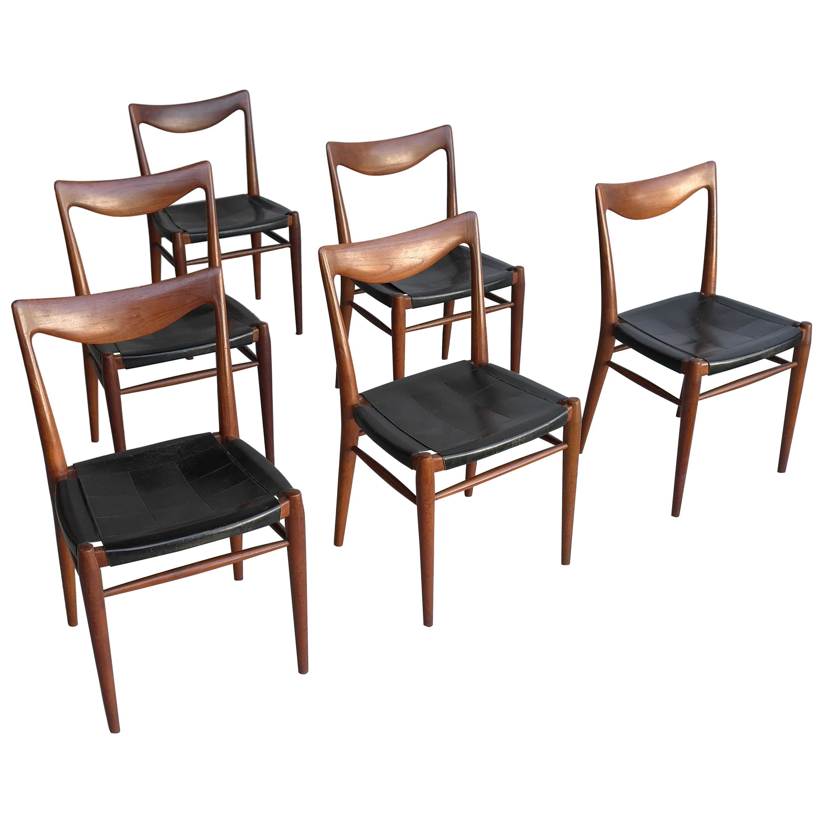 Rastad and Relling Six Bambi Chairs in Teak and Black Leather by Gustav Bahus