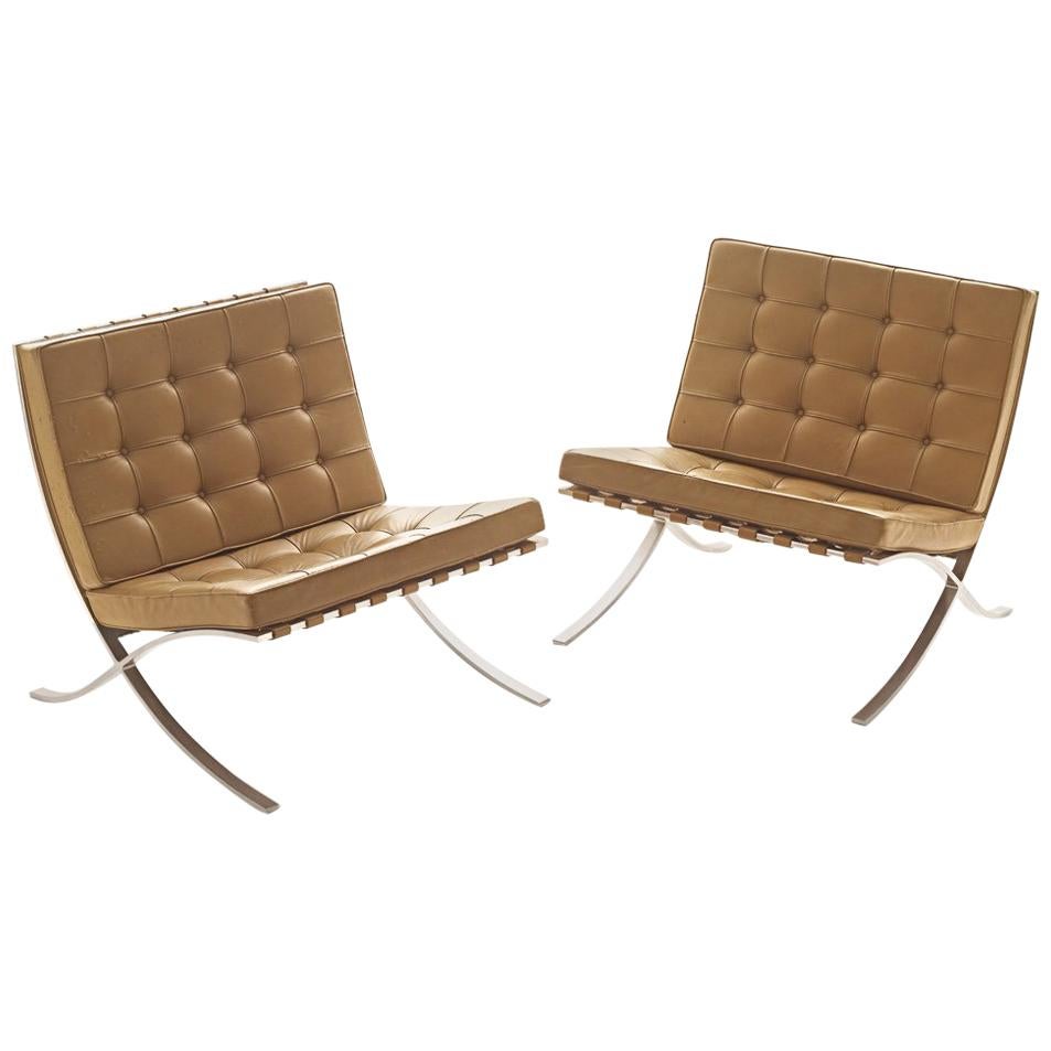 Classic Pair 1960s Barcelona Chairs in  Leather..Mies Van Der Rohe or Knoll