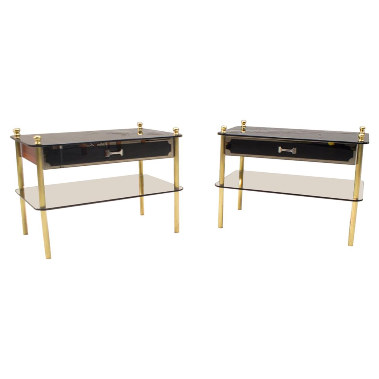 Lovely Pair Smoked Glass and Brass Night Stands, Germany, 1970s