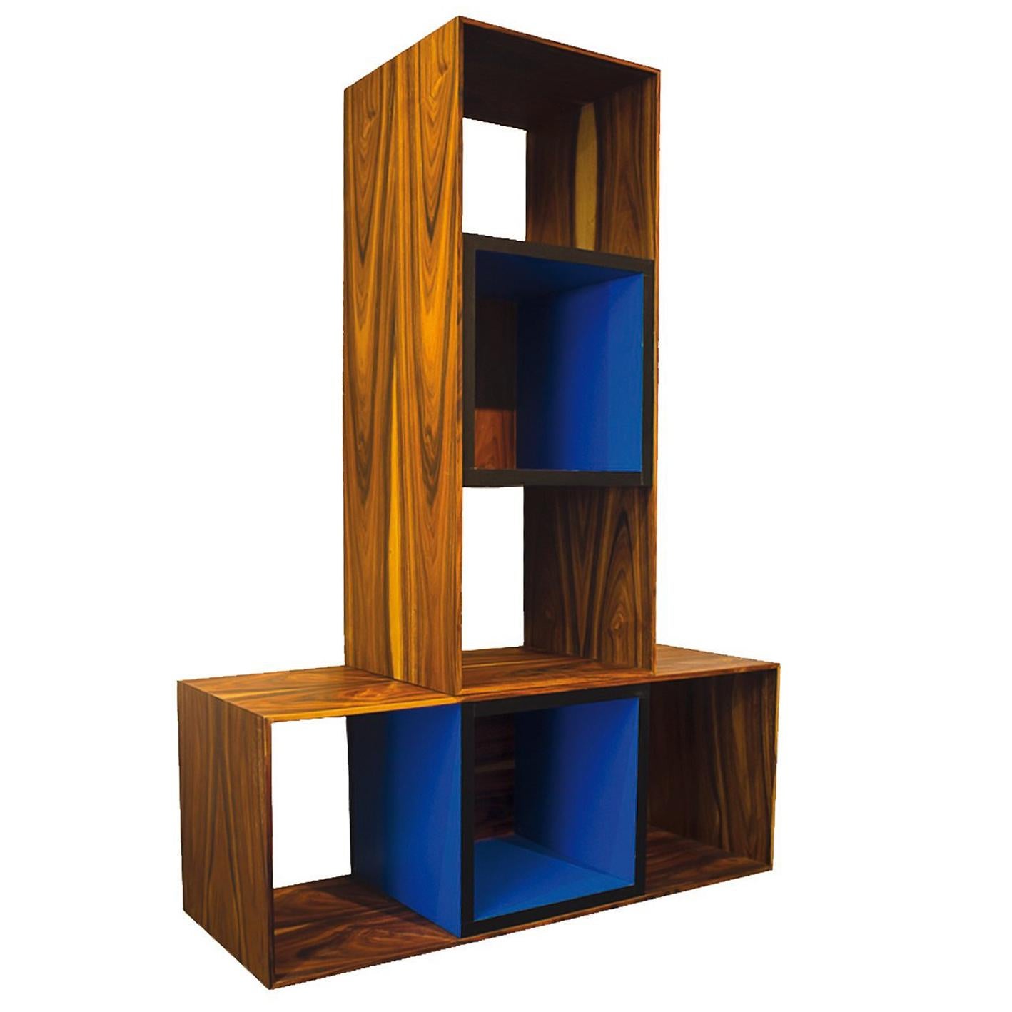 Binomio, Palisandro Veneer and Blue Laminate Bookshelf For Sale