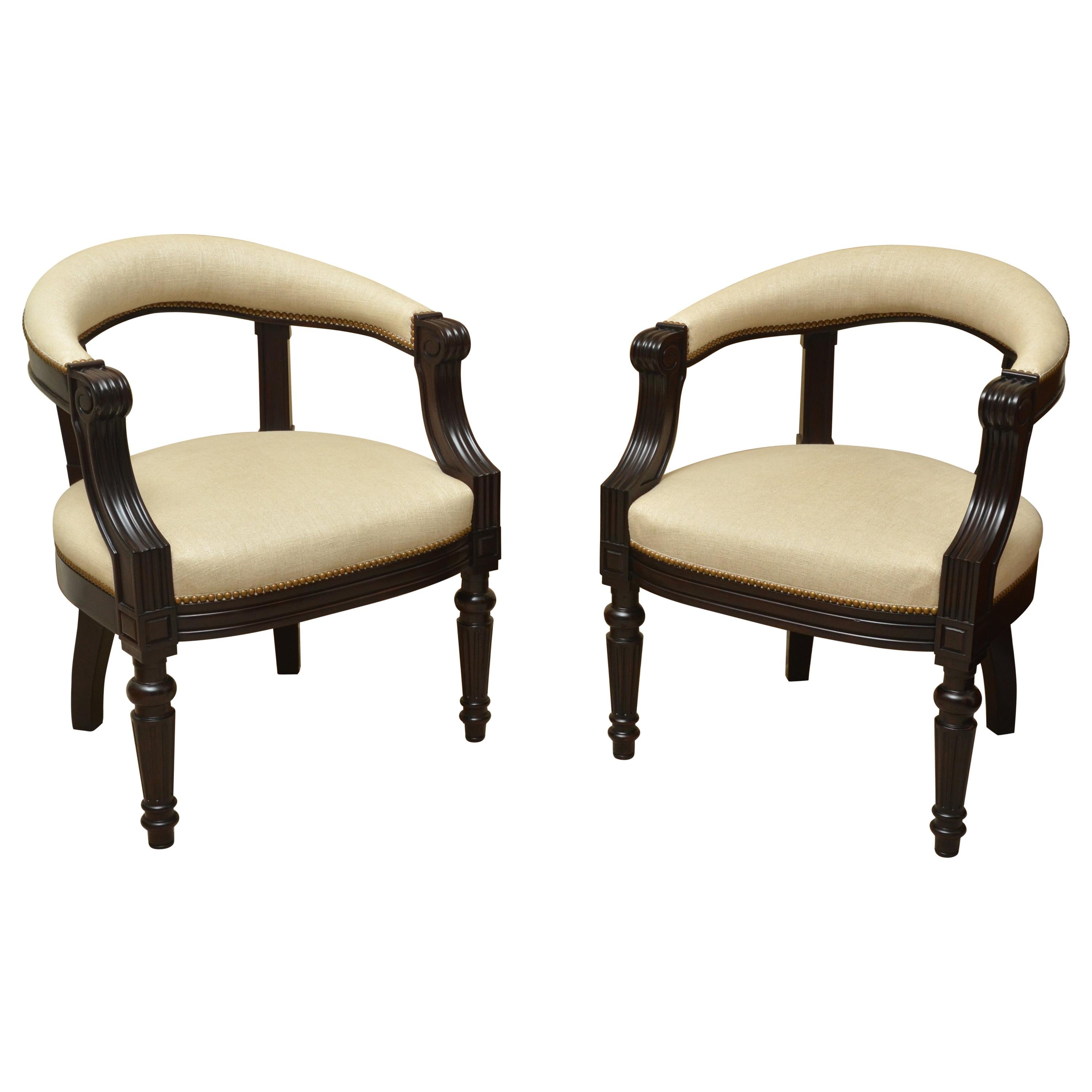 Pair of Regency Style Ebonized Barrel Back Armchairs