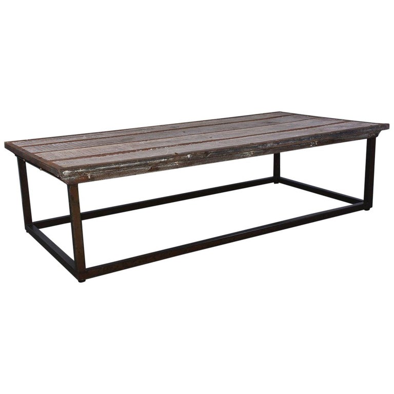 Industrial Slatted Wood Top Metal Base Coffee Table at 1stDibs