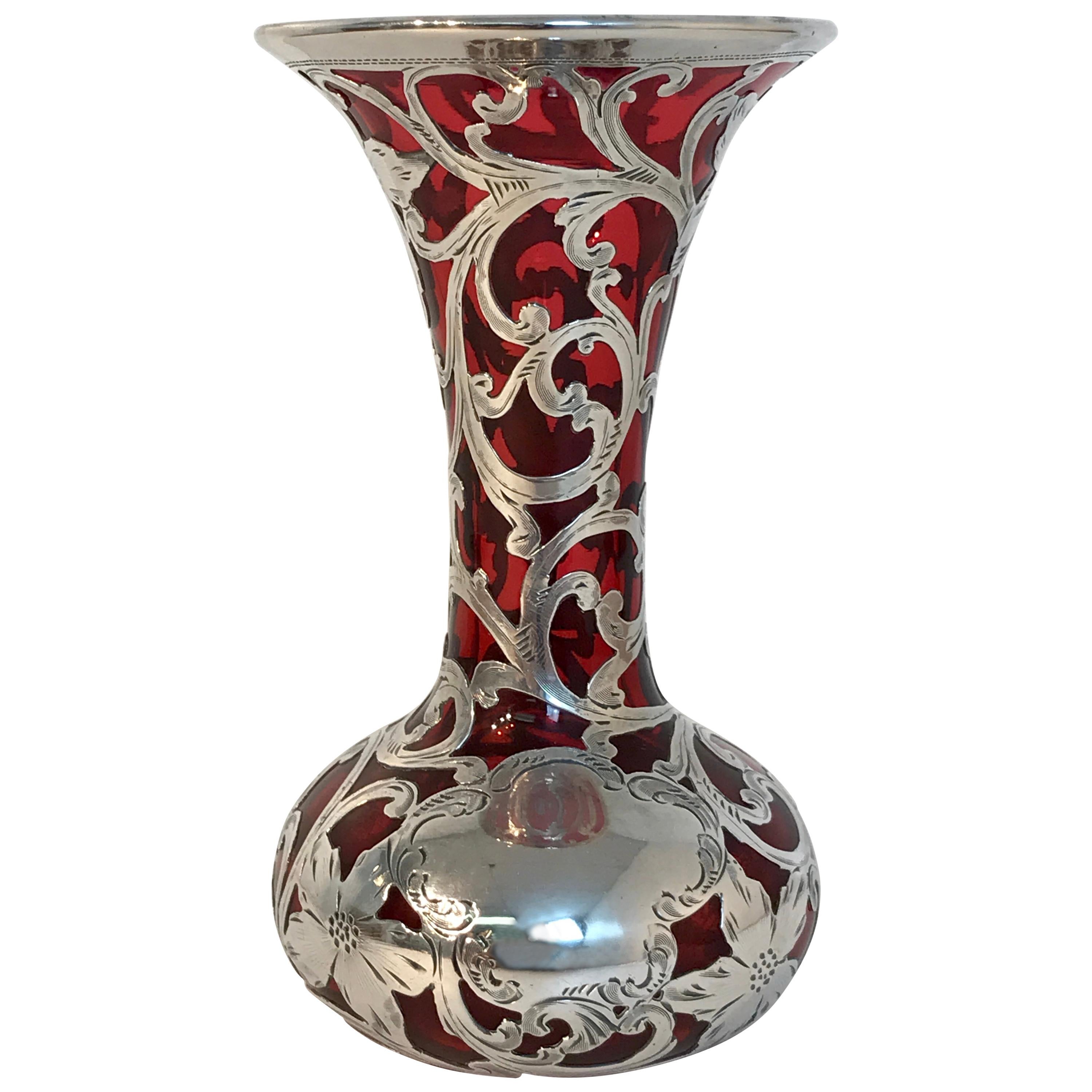 Red Silveroverlay Vase, by Alvin Silver Co.