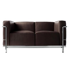 Le Corbusier LC2 Leather Two-Seat Sofa Cassina Espresso & Chrome Modern Loveseat