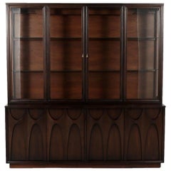 Sculpted Brasilia Walnut Credenza by Broyhill with Detachable China Hutch