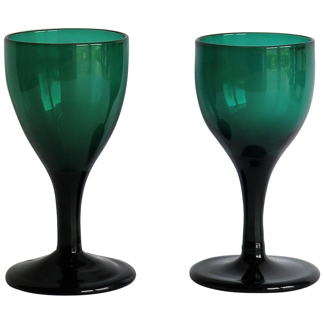 TWO Georgian Hand Blown Wine Glasses Bristol Green with Tulip Bowl, circa 1790