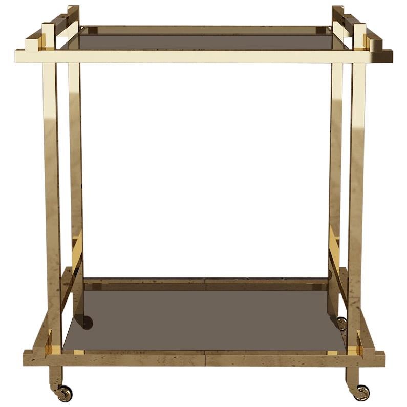 Bar Cart in Hand Polished Brass and Nubuck Leather  For Sale