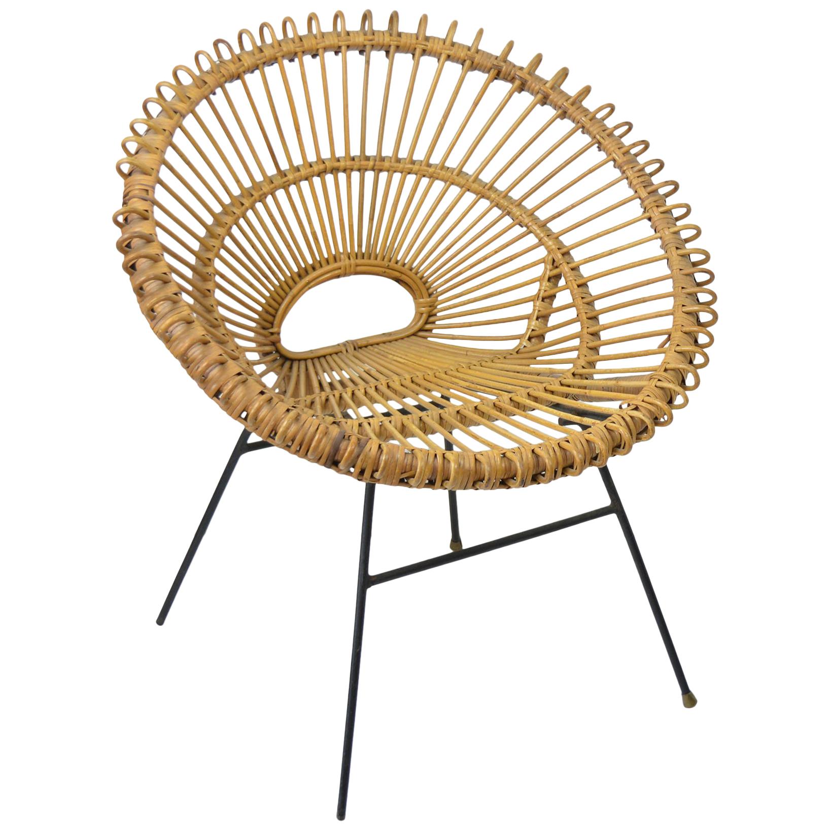 Midcentury Rattan Chair in the Style of Franco Albini, Italian, 1950s