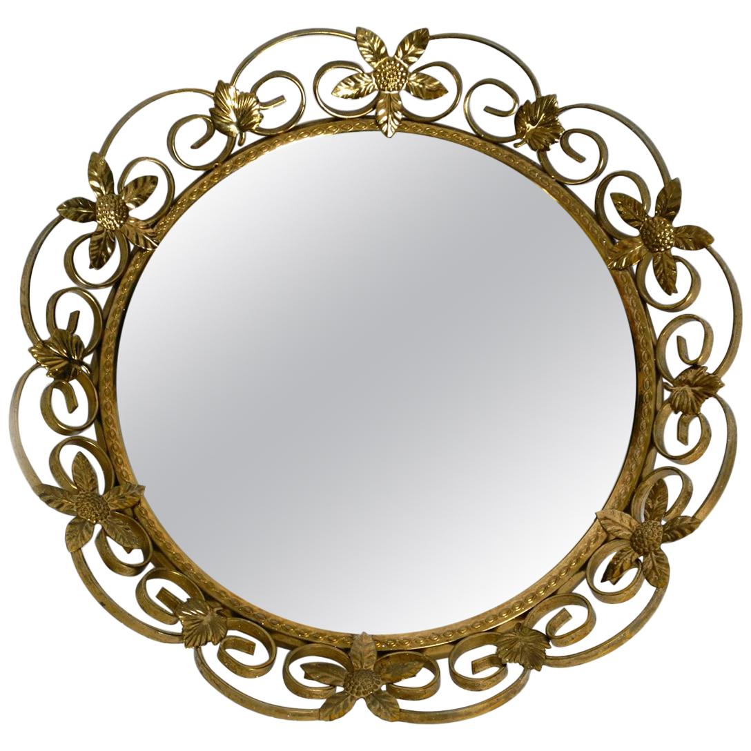 Beautiful Midcentury Brass Wall Mirror with Convex Curved Mirror Glass For Sale
