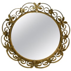 Retro Beautiful Midcentury Brass Wall Mirror with Convex Curved Mirror Glass