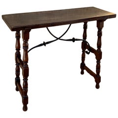 Spanish Console Table with Iron Stretcher and Shaped Legs, Side Table, Baroque