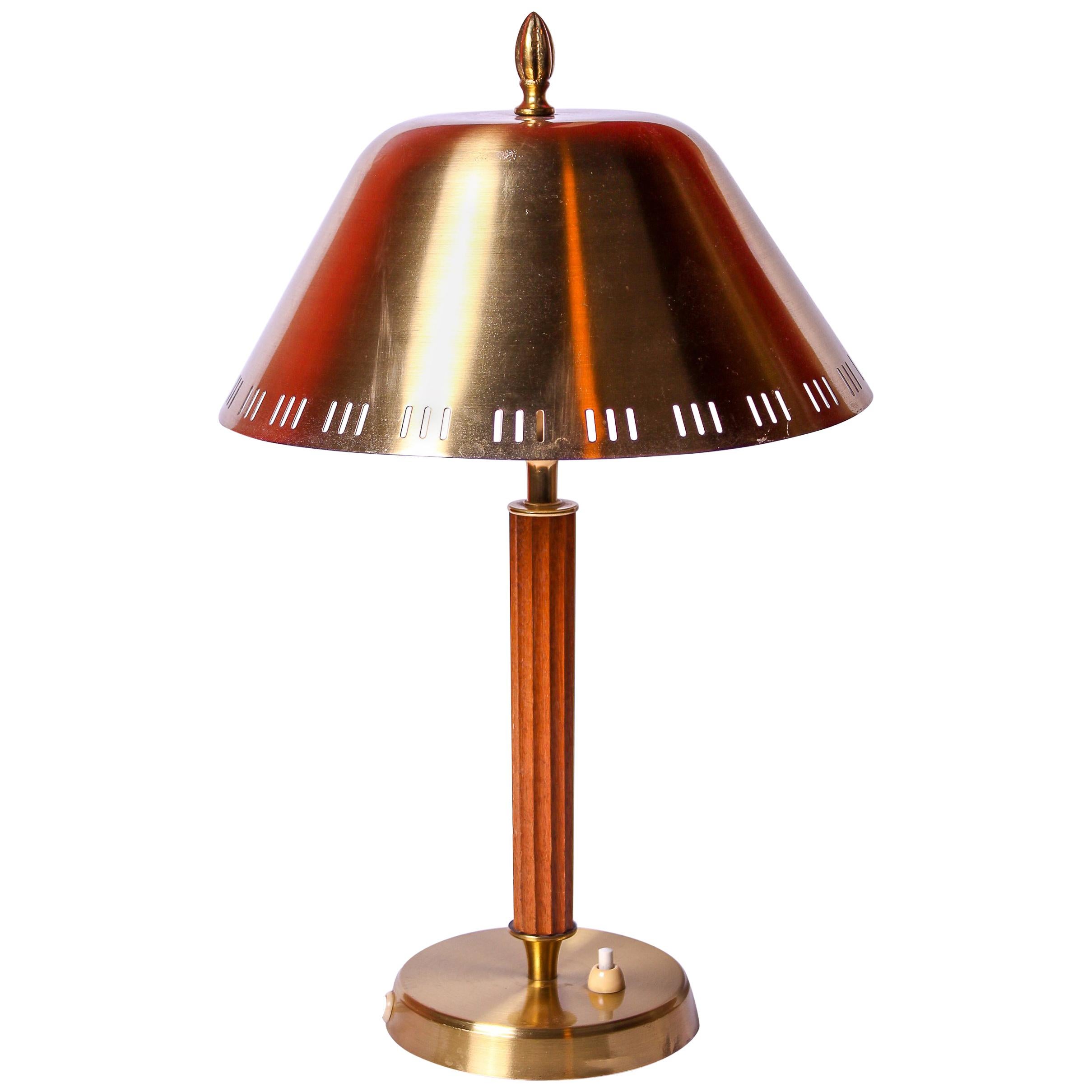 1940s Swedish Brass and Teak Table Lamp For Sale