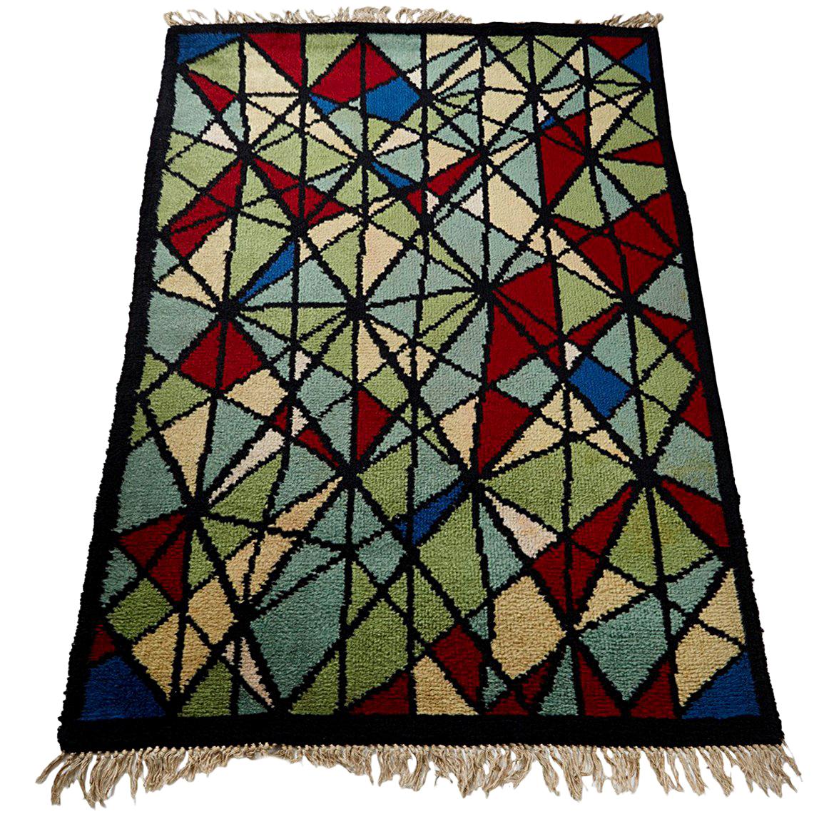 Rug, Anonymous, Hand Woven Wool, Pile Technique, Sweden, 1950s For Sale