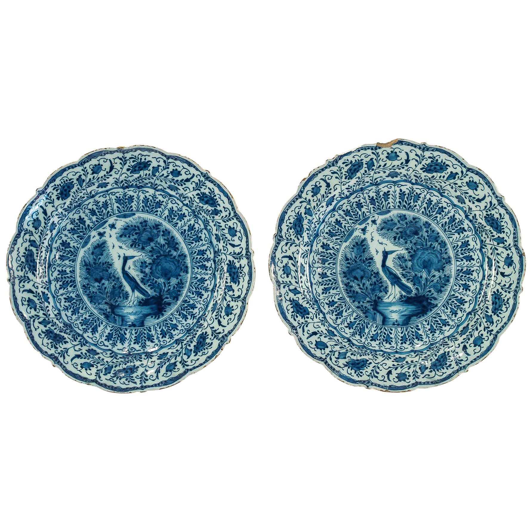 Sign by Ax, Mid-18th Century, Magnificent Pair of Faience Delft Round Dishes