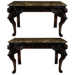 Pair of Large English Country House Mahogany and Marble Console Tables