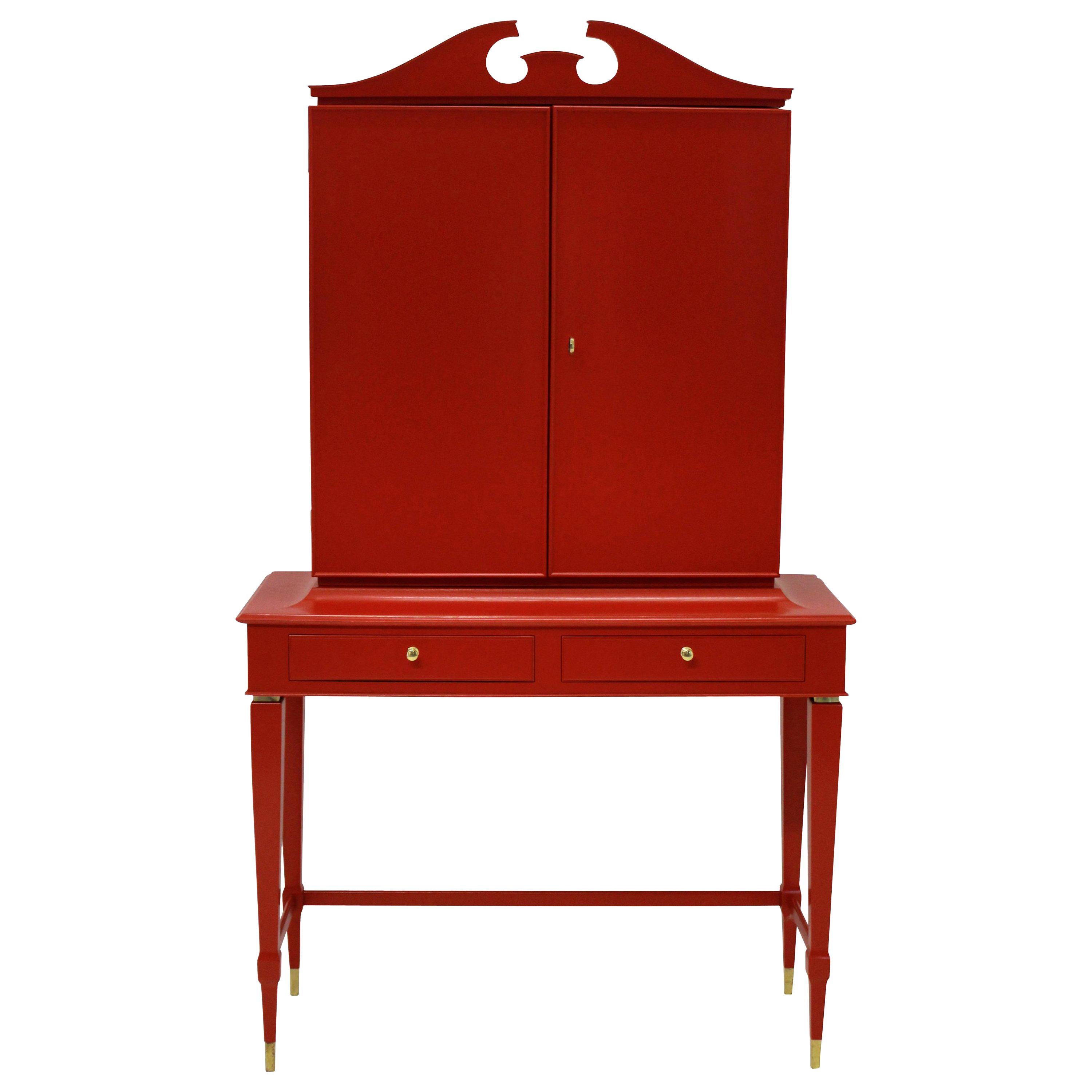 Stunning Architectural Bar Cabinet in Scarlet Lacquer by Paolo Buffa