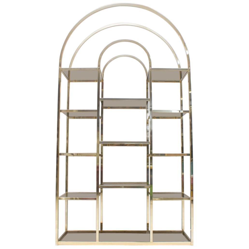 Golden Hollywood Regency Shelf with Smoked Glass Maison Charles Attributed