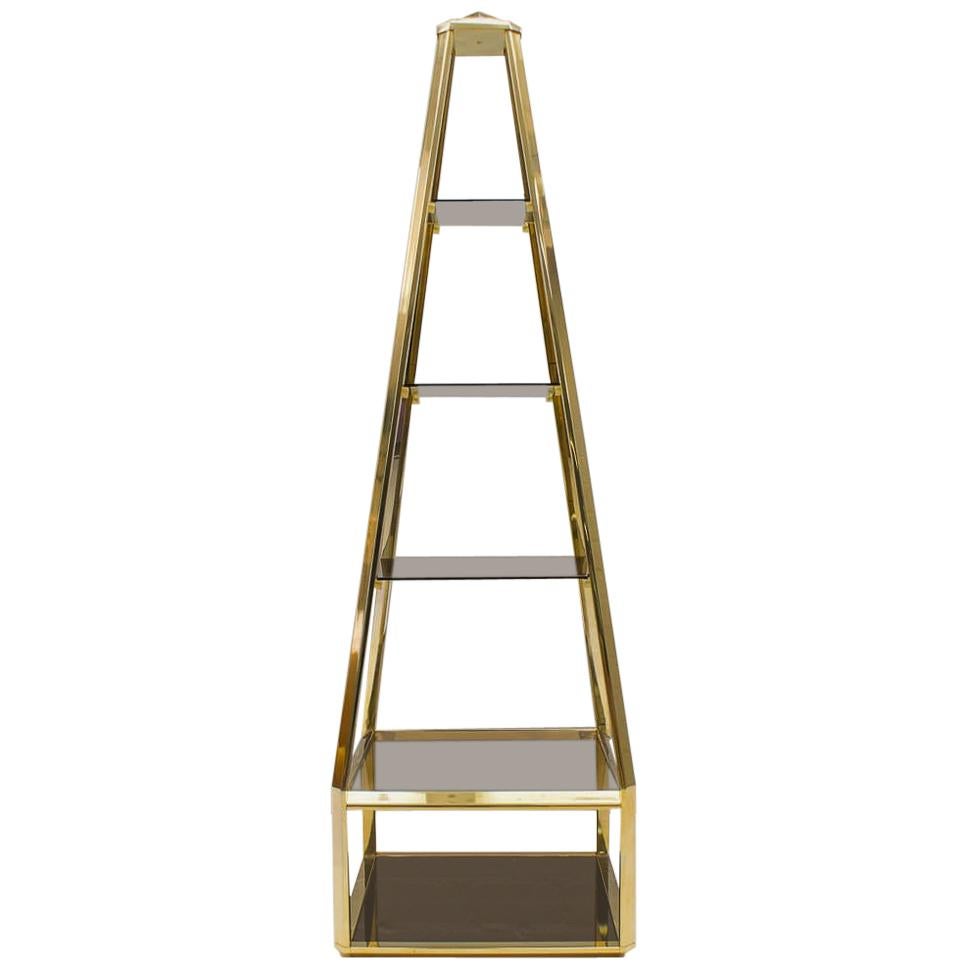 Hollywood Regency Pyramid Shelf in Gold and Smoked Glass, France 1960s For Sale