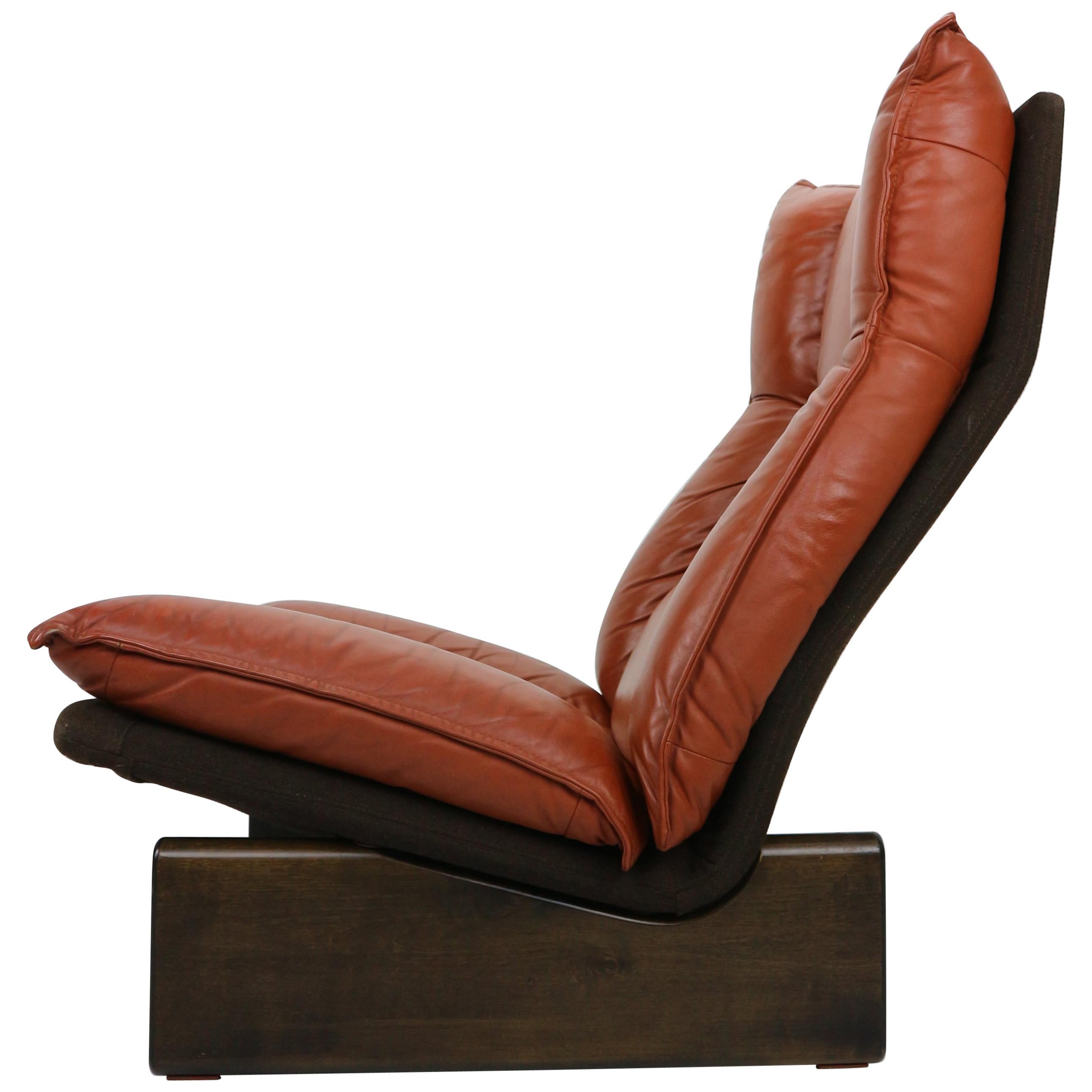 Cognac Leather and Wood Lounge Chair, Dutch Modern Design, 1970s