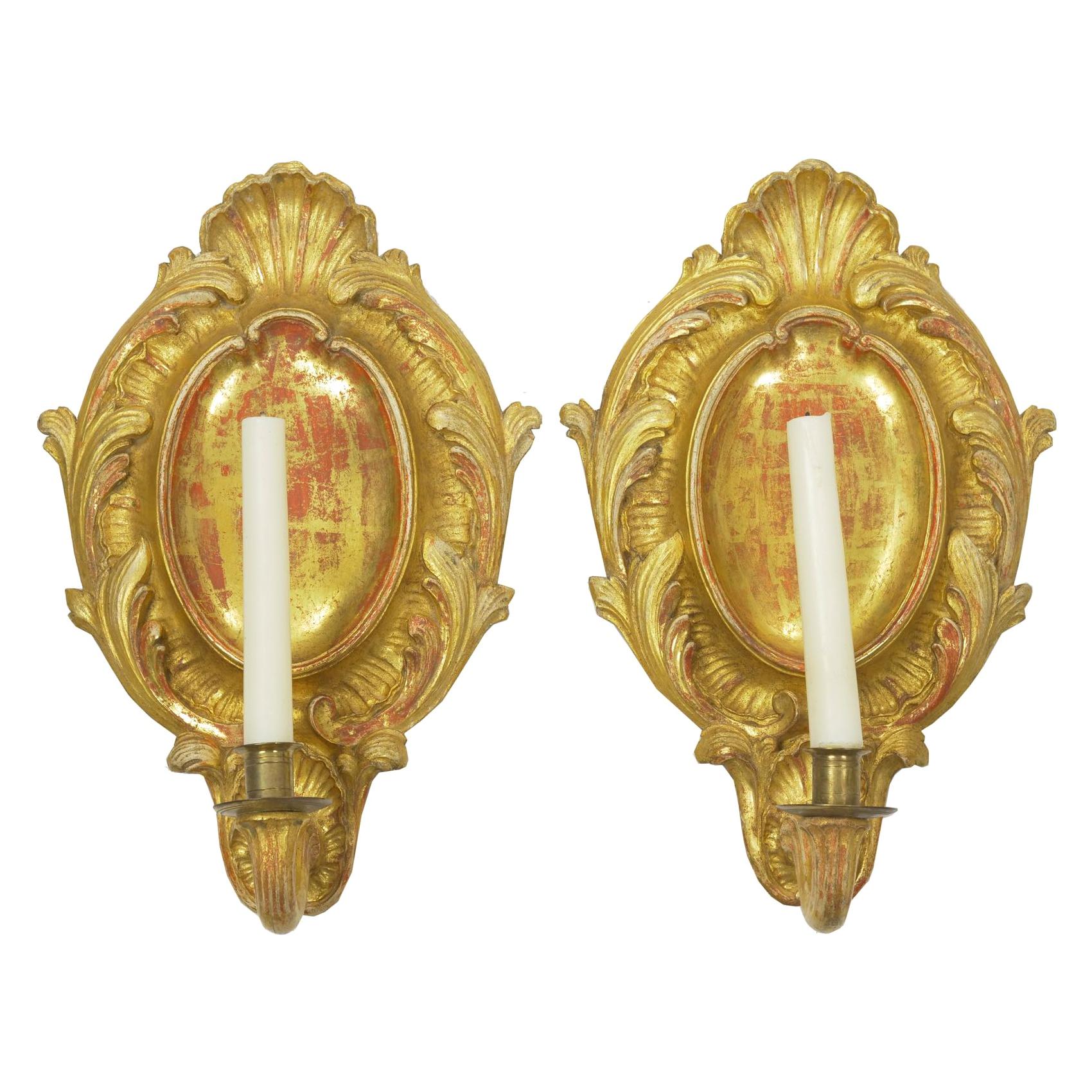 Pair of Rococo Candlestick Wall Sconces in Carved Giltwood