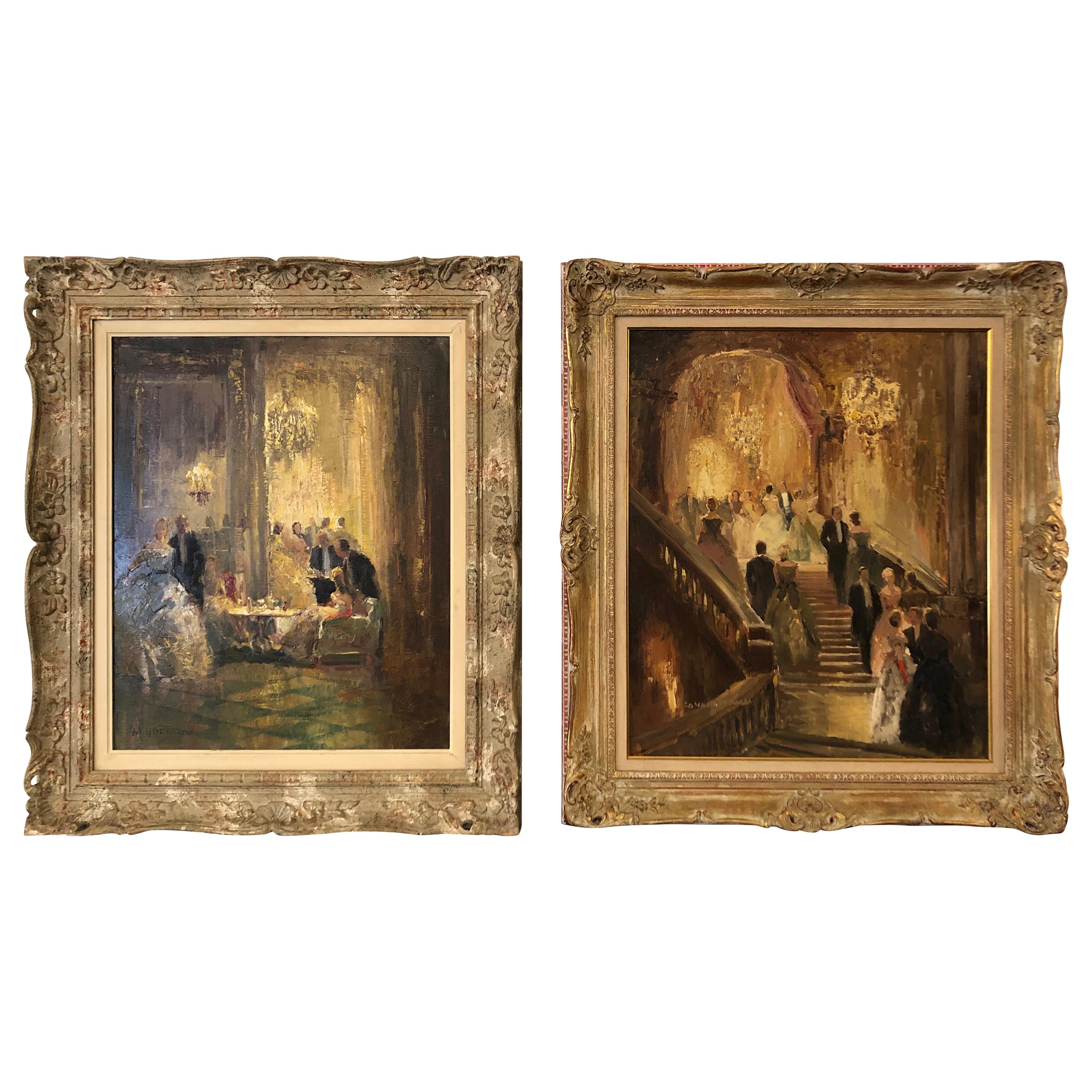 Romantic Elegant Impressionist Pair of Ballroom Interiors on Canvas