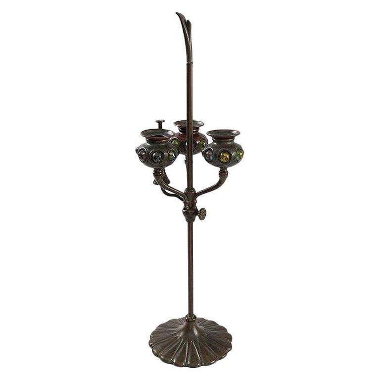 Jeweled Bronze Candlestick by Tiffany Studios New York For Sale at 1stDibs