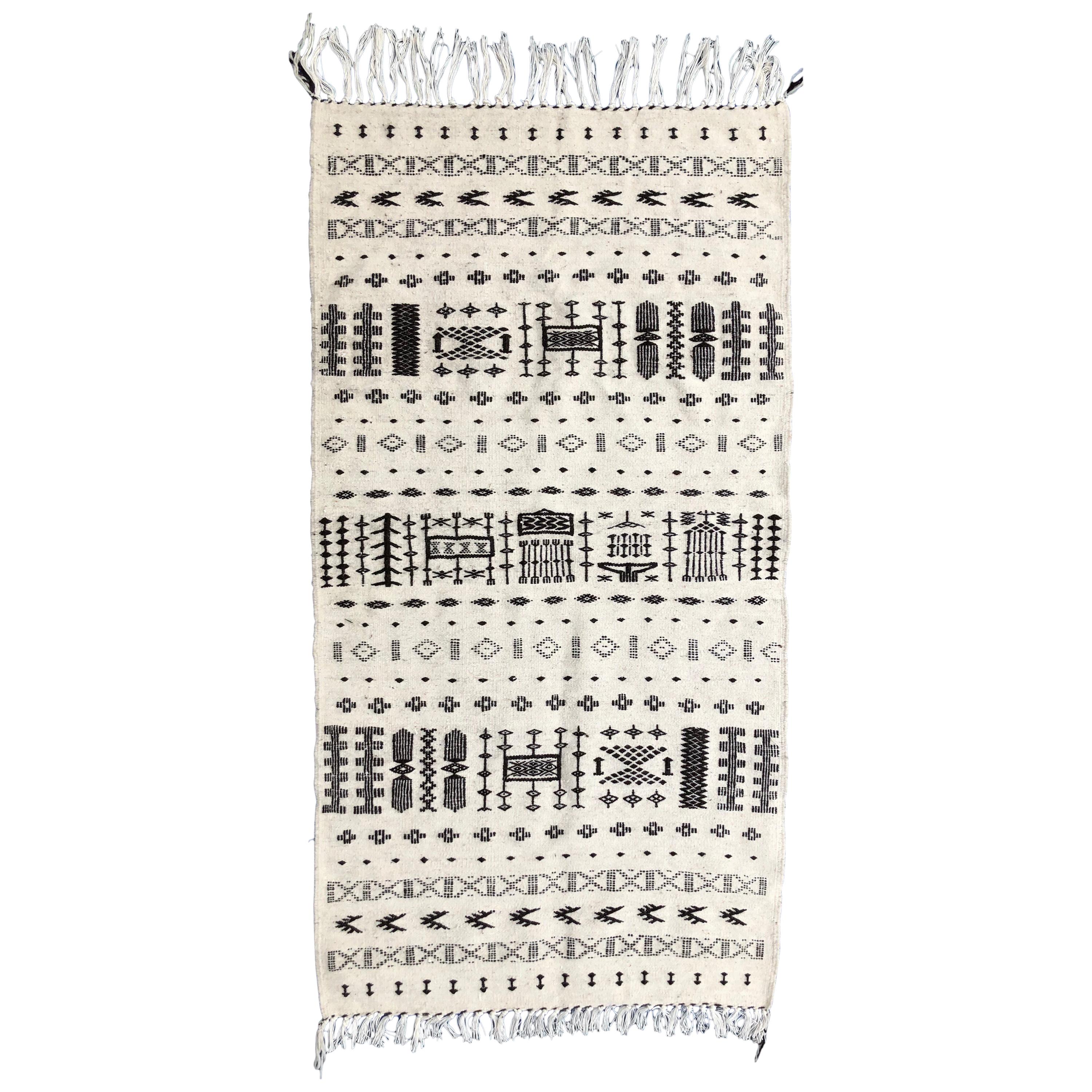 Hand-Loomed Algerian Berber Tribal Natural Wool Throw Rug - Black White Neutral