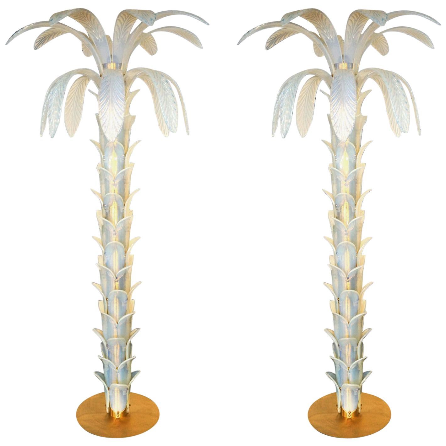 Attributed to Barovier, Opaline Palm Two Murano Glass Floor Lamps, 1990s