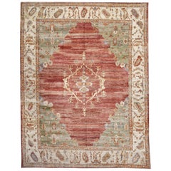 Green and Red Contemporary Handmade Wool Turkish Oushak Rug Large Size