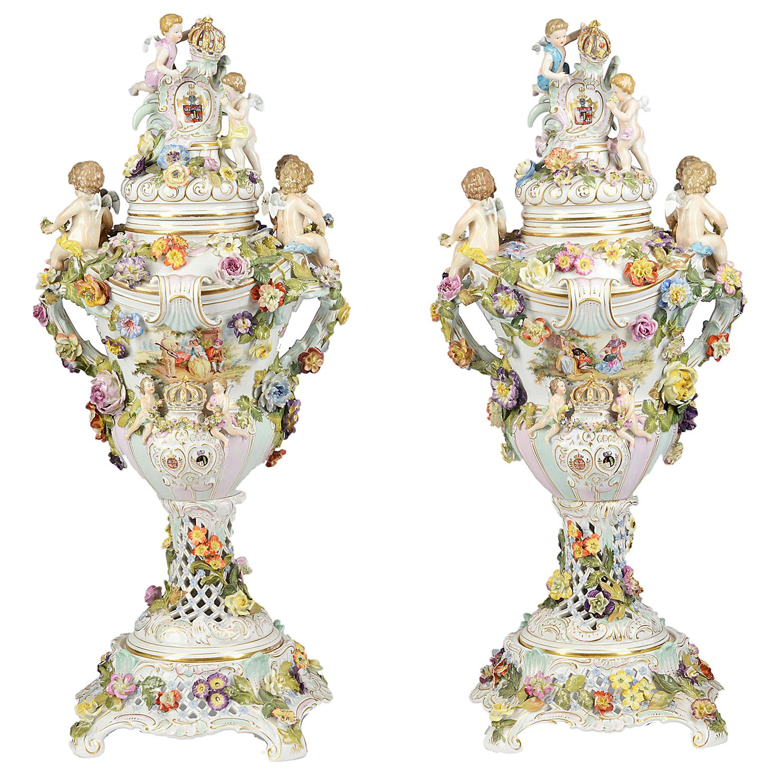Large Pair Dresden Style Lidded Comports, Late 19th Century For Sale