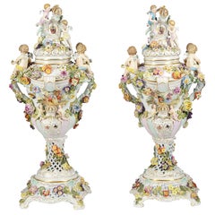 Vintage Large Pair Dresden Style Lidded Comports, Late 19th Century