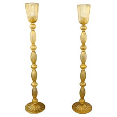 Deux lampadaires en verre de Murano en forme de feuille d'or, de style moderne du milieu du siècle, de Toso, 1975