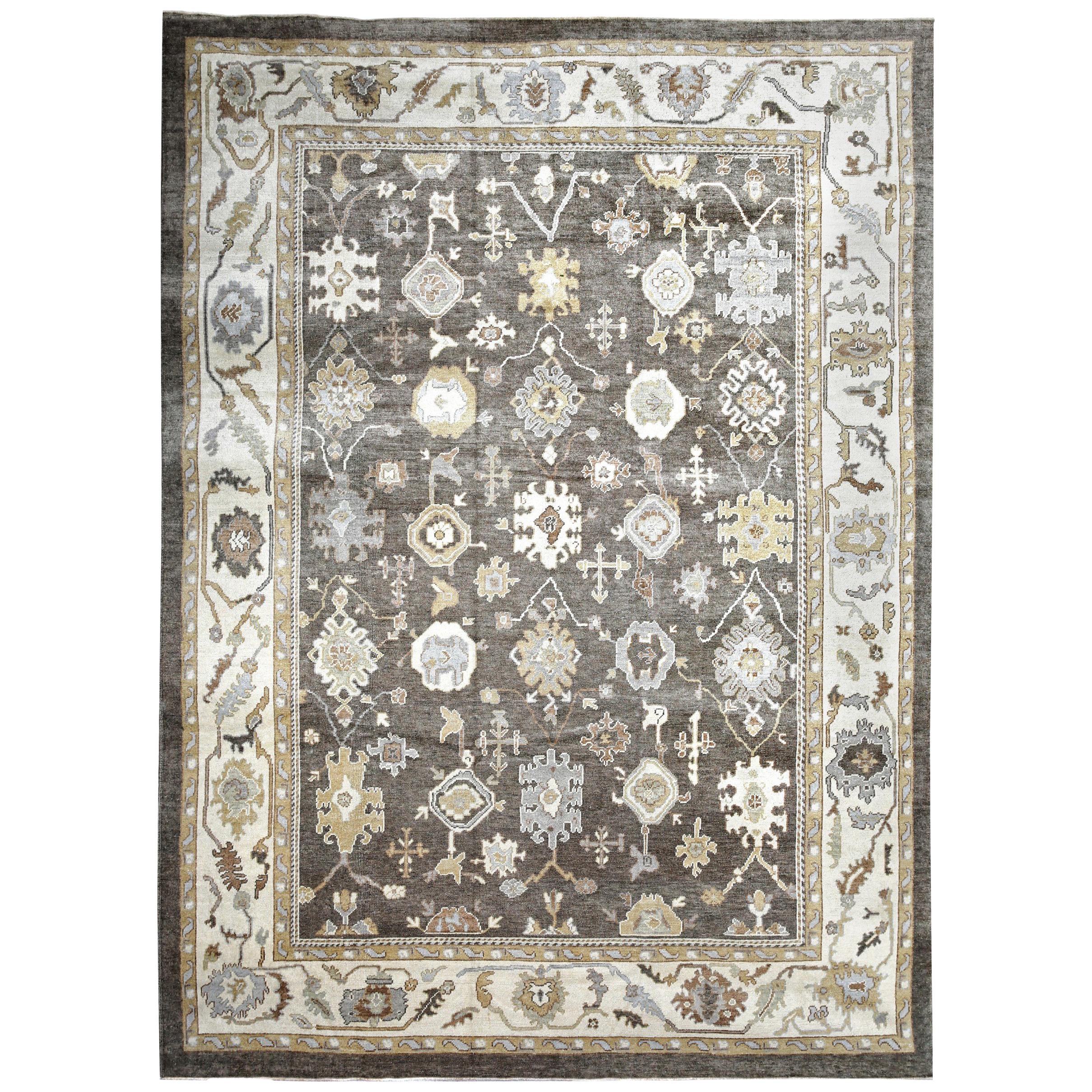 Ivory, Gold and Gray Contemporary Handmade Wool Turkish Oushak Rug For Sale