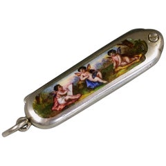 Vintage Continental Silver and Enamel Moustache Comb, Winged Cherubs, circa 1900