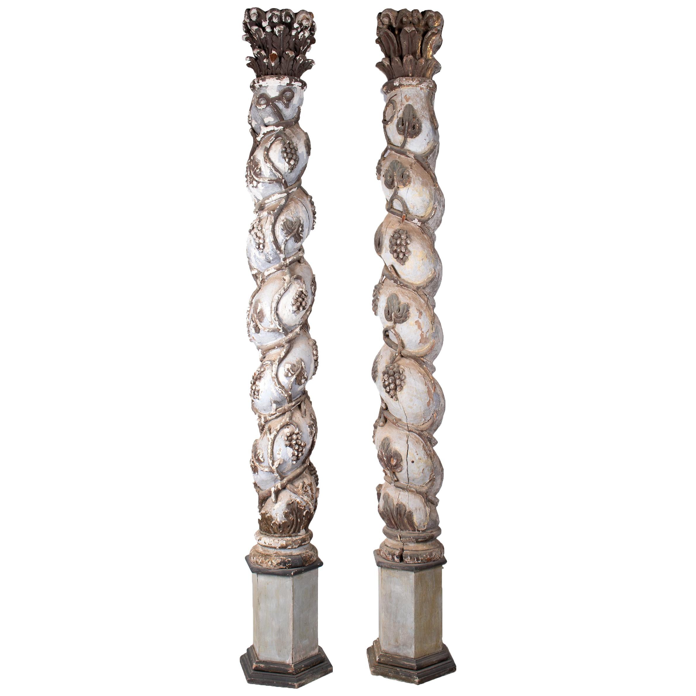 18th Century Pair of Spanish Solomonic Polychrome Wooden Columns