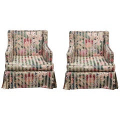 Pair of Skirted Club Armchairs in Floral Print in the Style of Dunbar for Baker