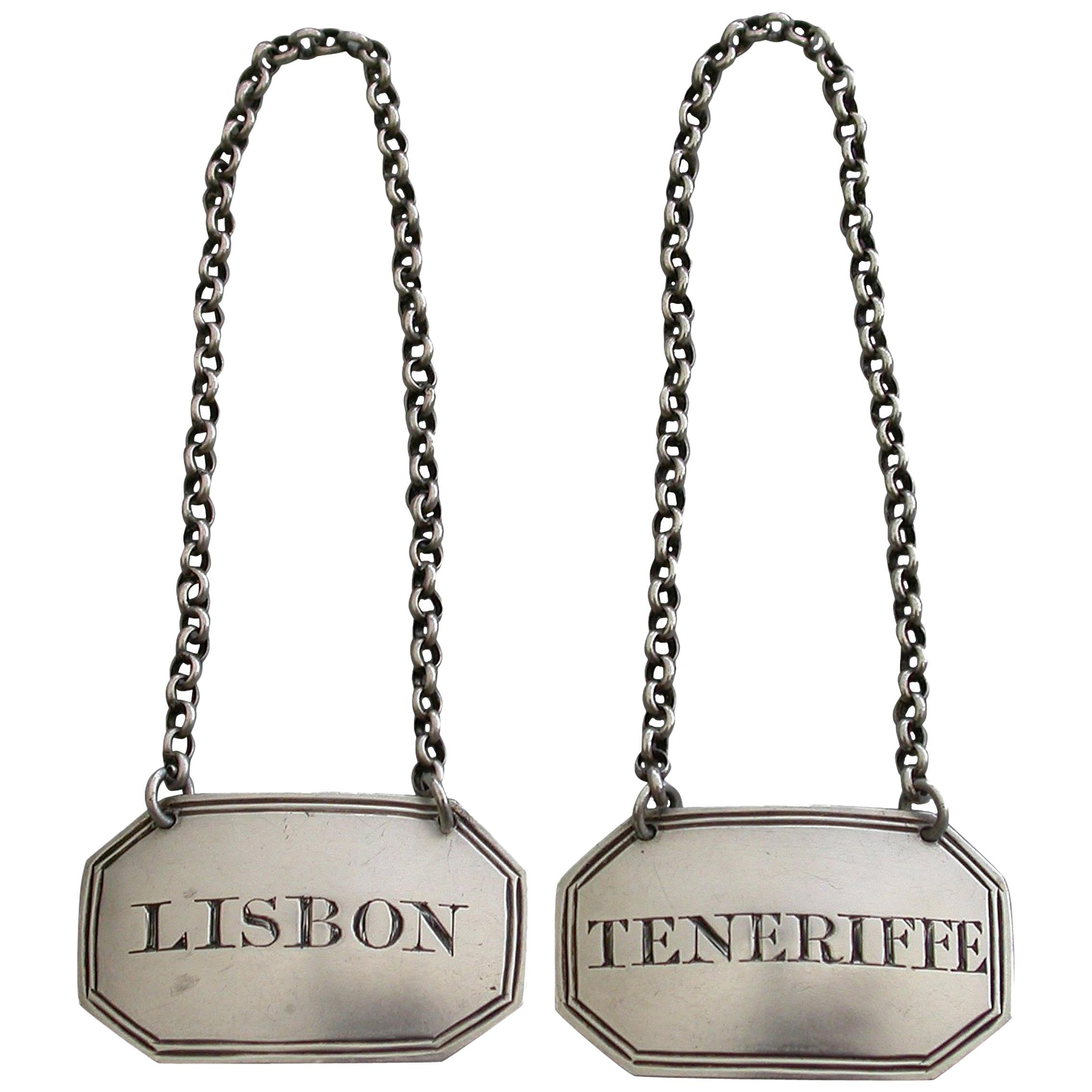 Pair of Georgian Provincial Silver Wine Labels 'Lisbon & Teneriffe', circa 1820 For Sale