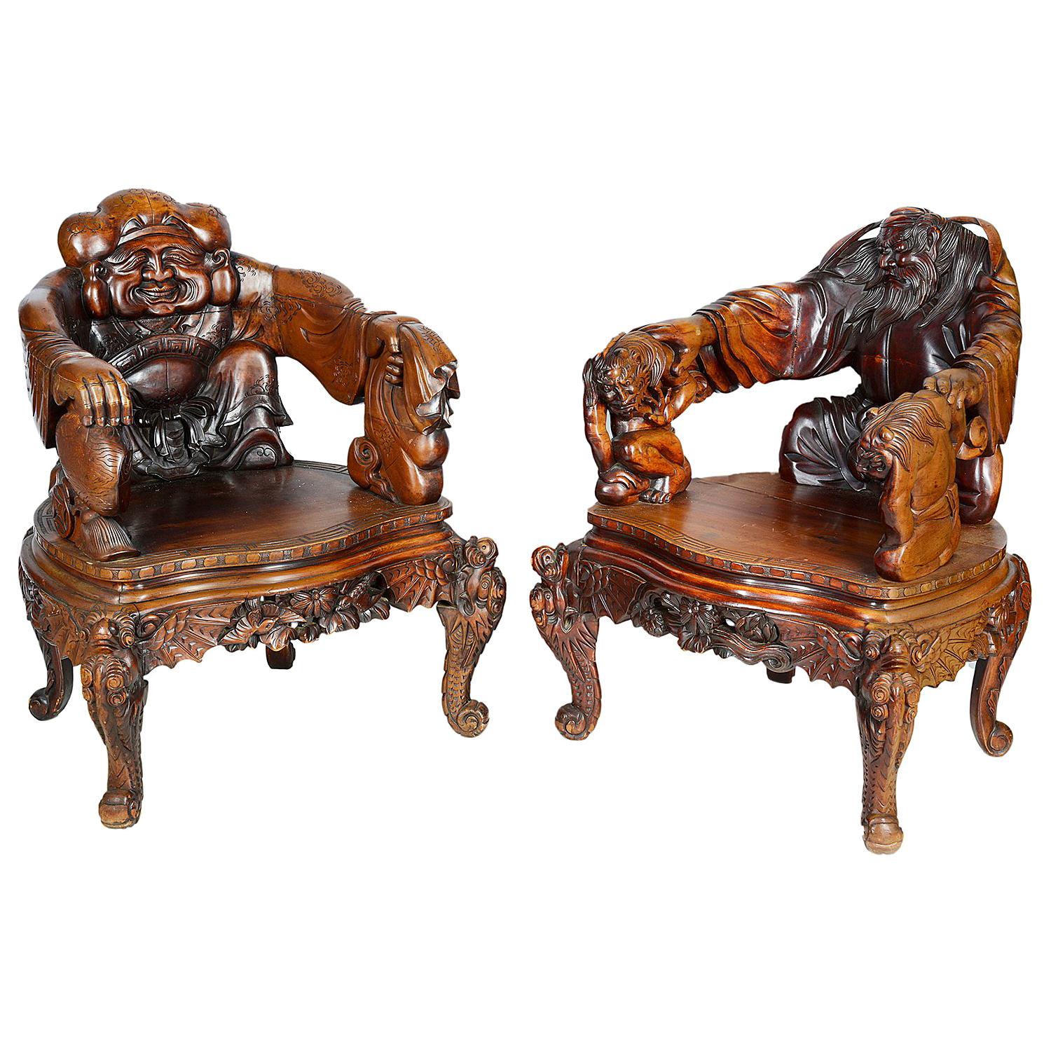 Meiji Period Century Japanese Carved Wood Armchairs, circa 1900 For Sale
