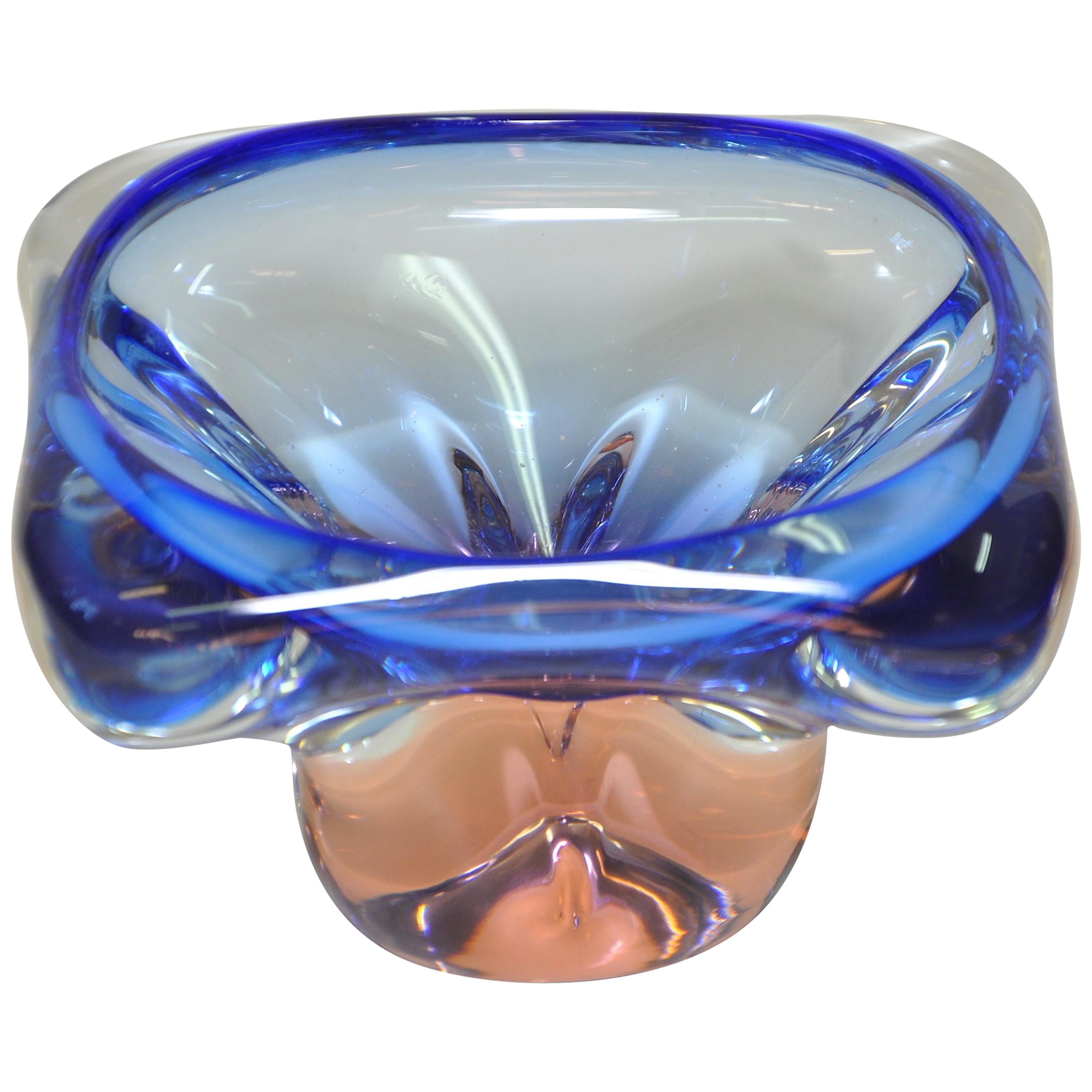 Stunning Vintage Blue Peach Art Glass Bowl Italian Murano For Sale