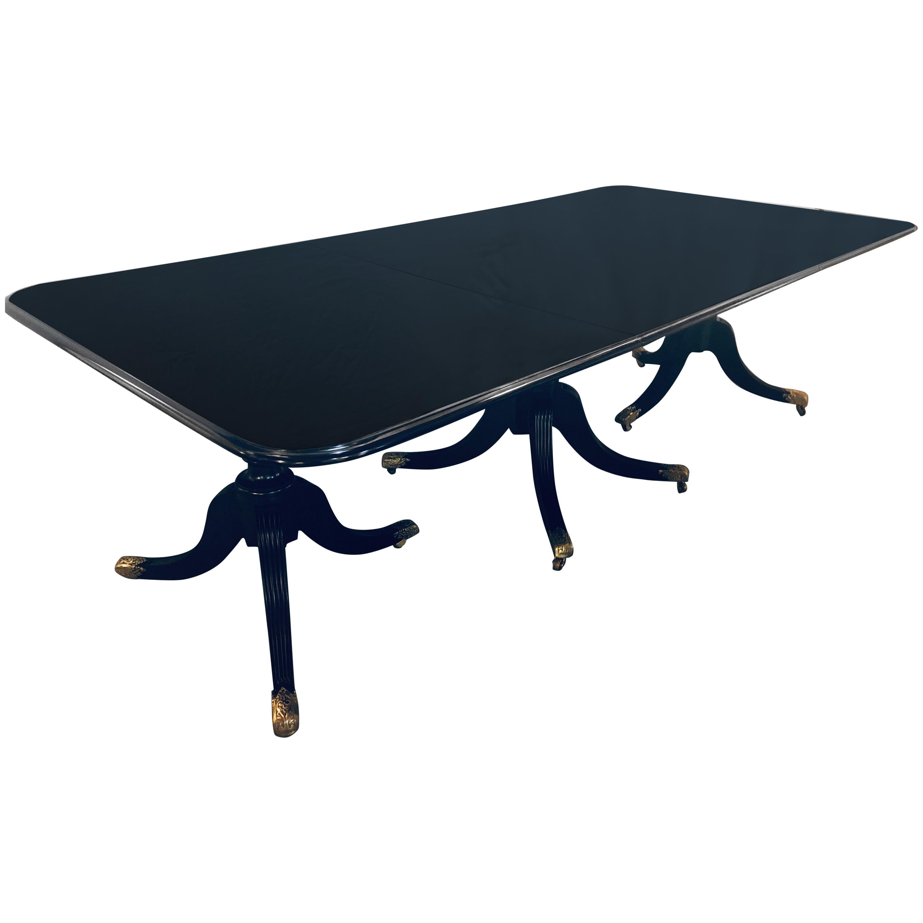 Triple Pedestal circa 1920s Ebony Dining Table in the Manner of Maison Jansen