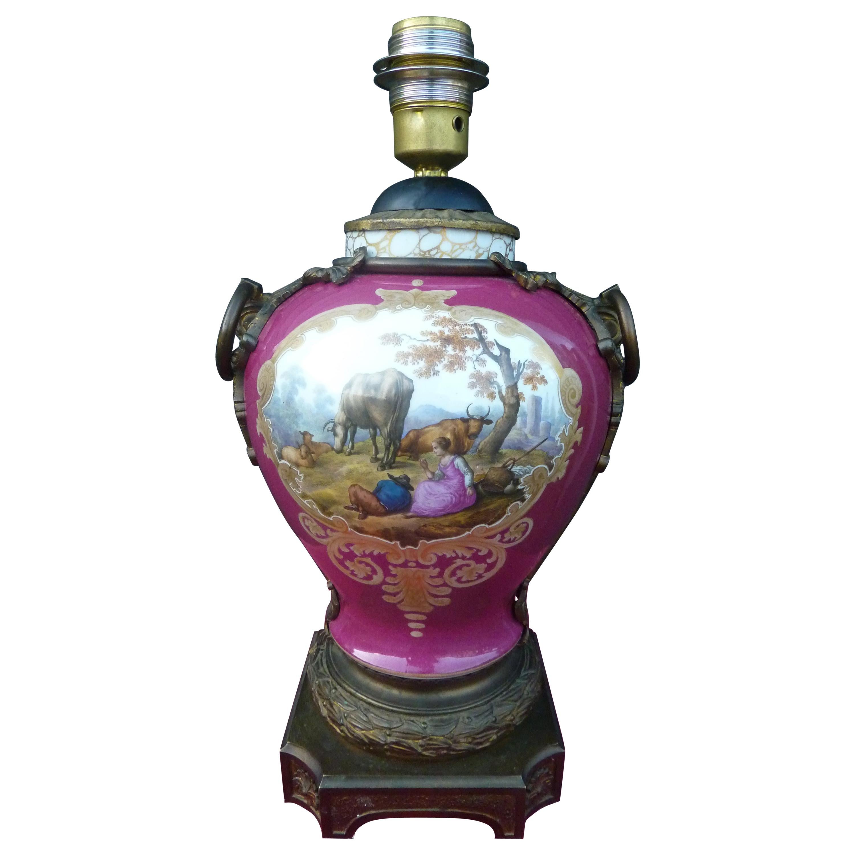 19th Century Maroon Pink Hand Painted Porcelain Lamp by Dresden For Sale