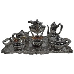 Fabulous Antique Tiffany Chrysanthemum Sterling Silver Coffee & Tea Set on Tray
