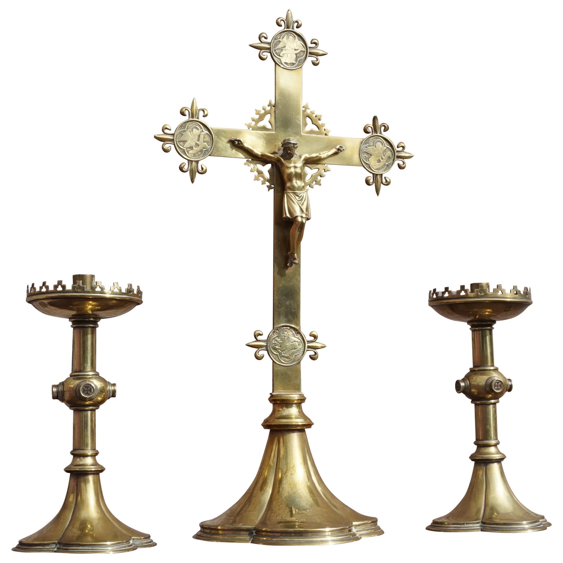 Antique Gothic Revival Brass Crucifix w. Bronze Corpus & Matching Candle Sticks